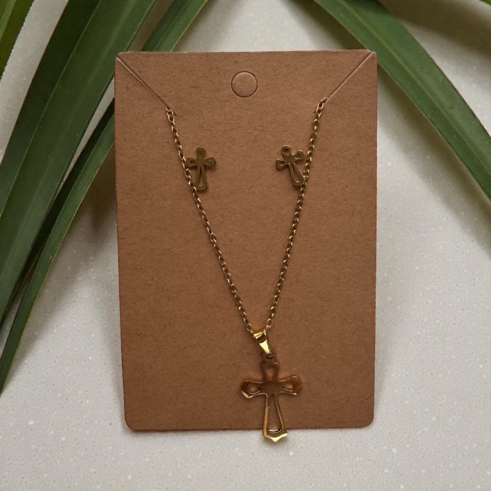 Stainless Steel 316L Gold Colored Cross Necklace and Earring Set